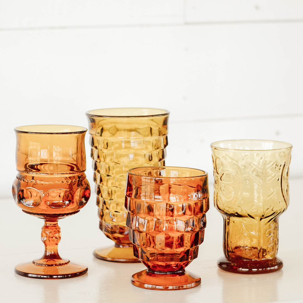 Vintage Amber Glass Goblets Rental - Aimee Weaver Designs