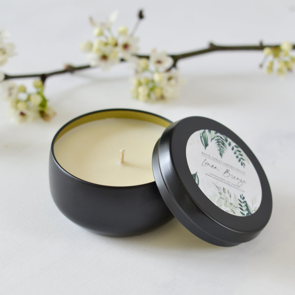 Linen Breeze Candle 8 oz. Black Tin Jar - Aimee Weaver Designs