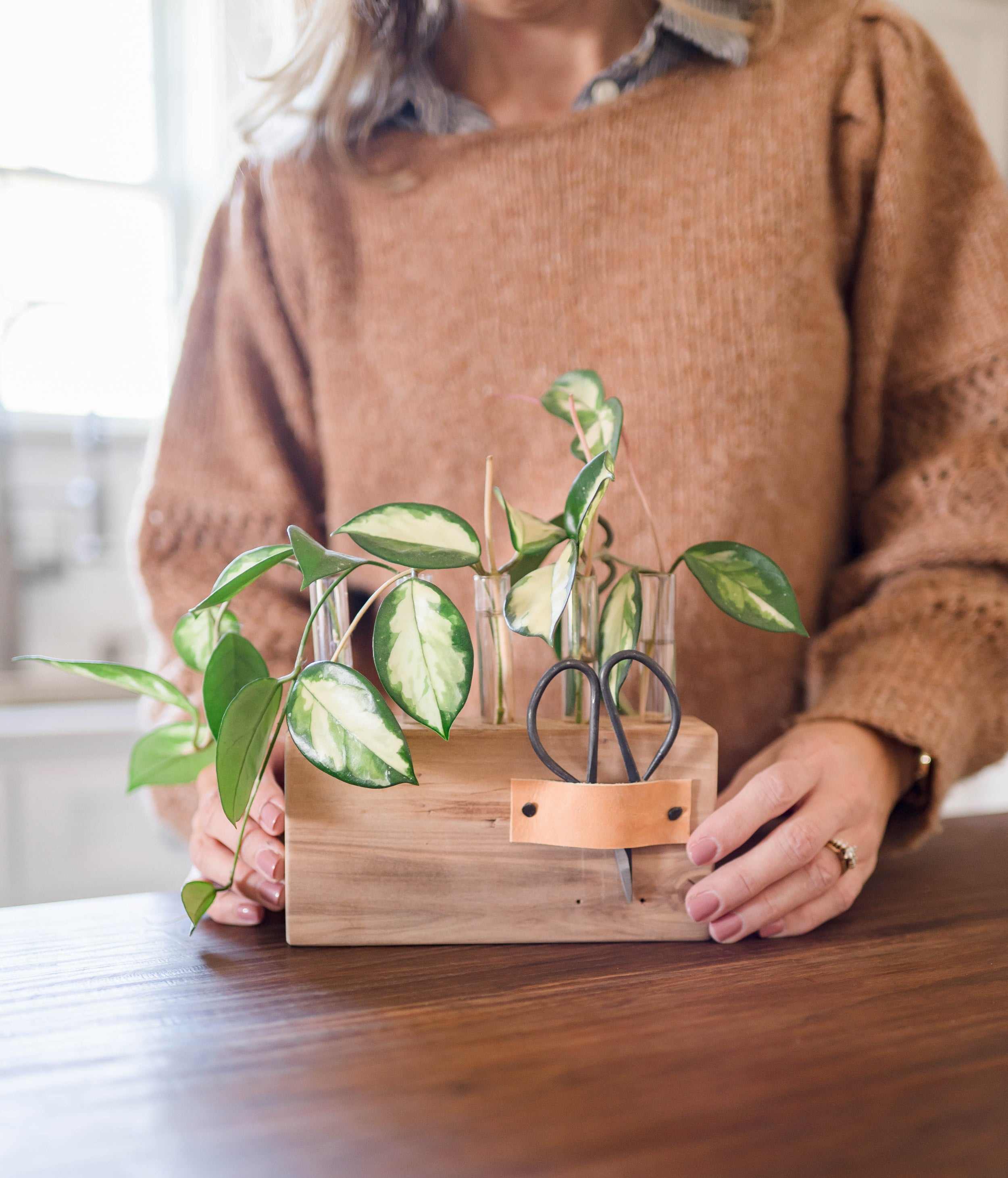  Plant Propagation Station with Cute Wooden Stand – Plant Jars  with Plant Propagation Tubes - Premium Handcrafted Glass Planter –  Propagation Vase for Plant Lovers - USA Made (6x3 - Three